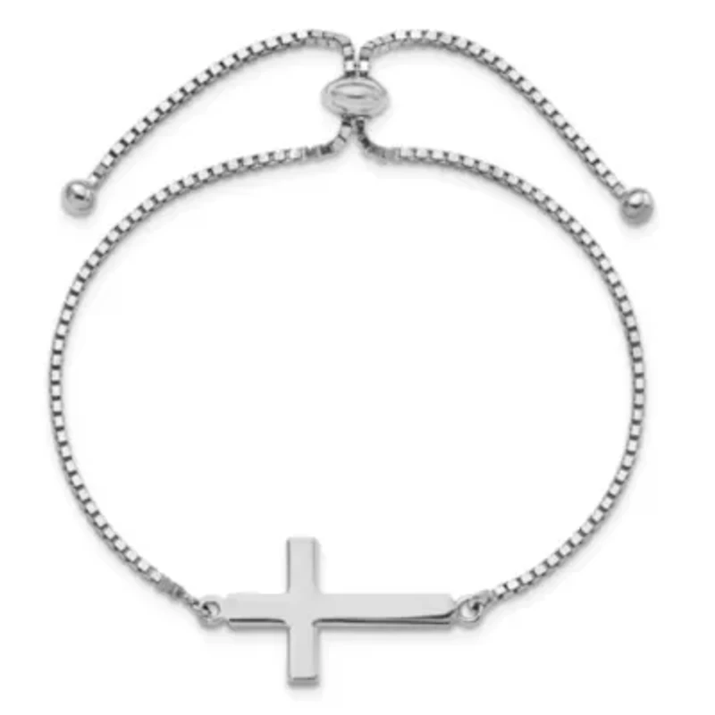 Sterling Silver Rhodium-plated Polished Cross Adjustable Bracelet