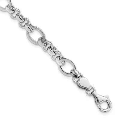 Sterling Silver Rhodium-plated Polished/Textured Fancy Link 7.5-inch Bracelet