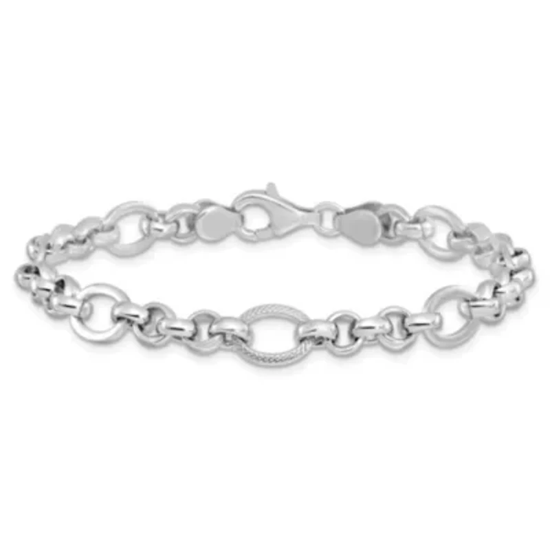 Sterling Silver Rhodium-plated Polished/Textured Fancy Link 7.5-inch Bracelet