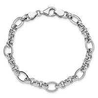 Sterling Silver Rhodium-plated Polished/Textured Fancy Link 7.5-inch Bracelet