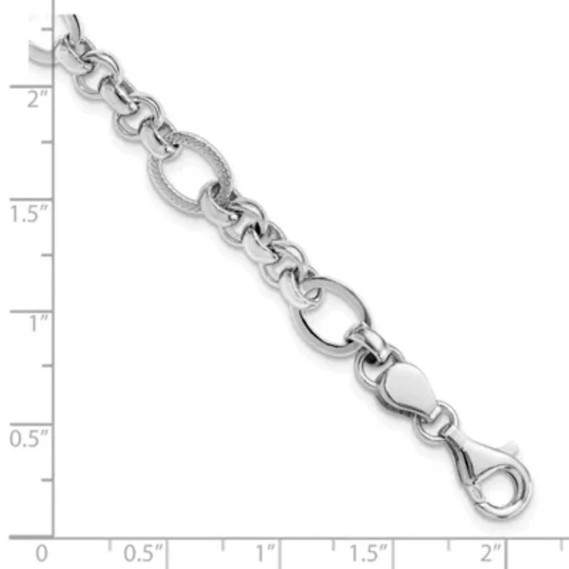 Sterling Silver Rhodium-plated Polished/Textured Fancy Link 7.5-inch Bracelet