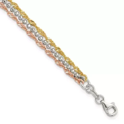 Sterling Silver Gold Tone and Rose Tone 3 Strand 7.5-inch Bracelet