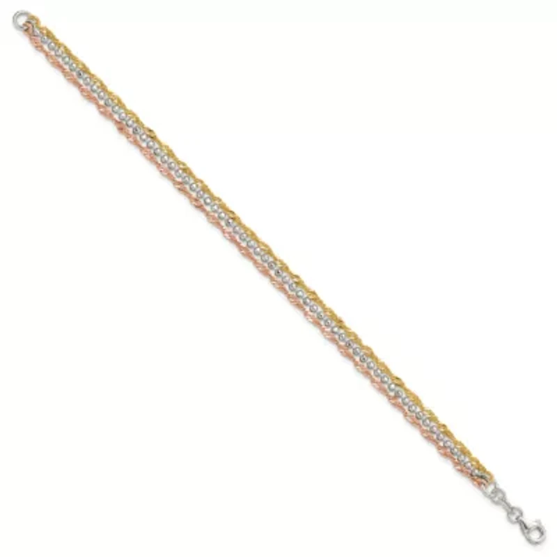 Sterling Silver Gold Tone and Rose Tone 3 Strand 7.5-inch Bracelet