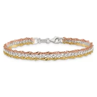 Sterling Silver Gold Tone and Rose Tone 3 Strand 7.5-inch Bracelet