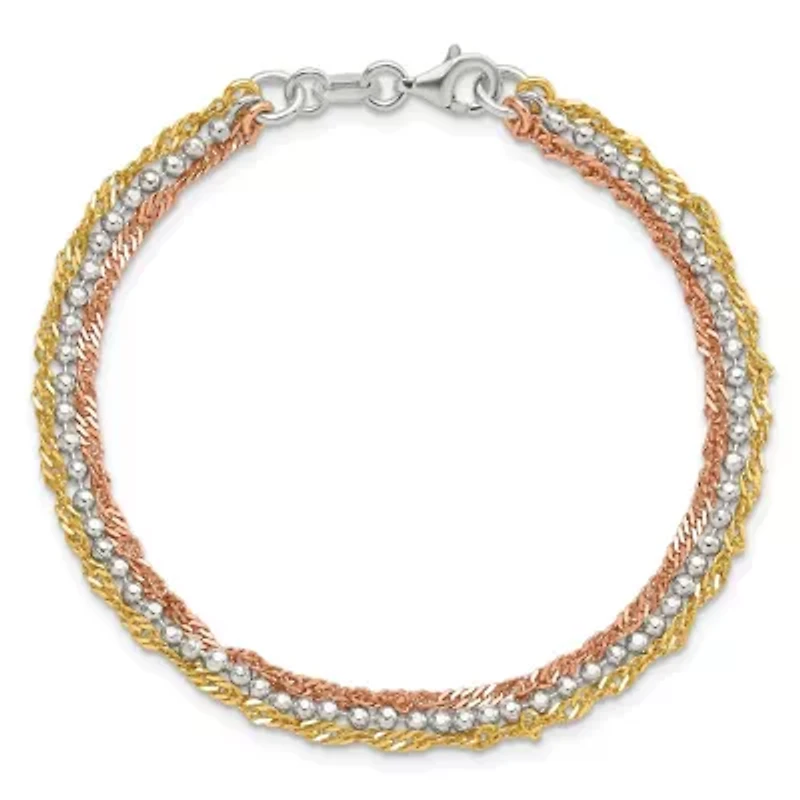Sterling Silver Gold Tone and Rose Tone 3 Strand 7.5-inch Bracelet