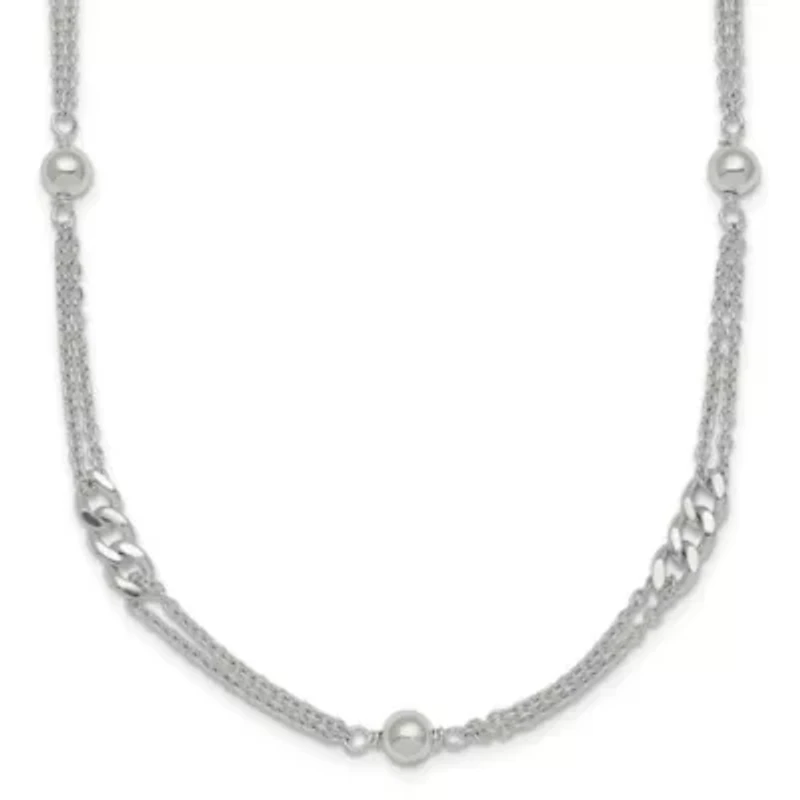 Sterling Silver Polished and Beaded Fancy 2-Strand Link 17.5-inch Necklace