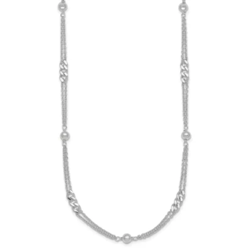 Sterling Silver Polished and Beaded Fancy 2-Strand Link 17.5-inch Necklace