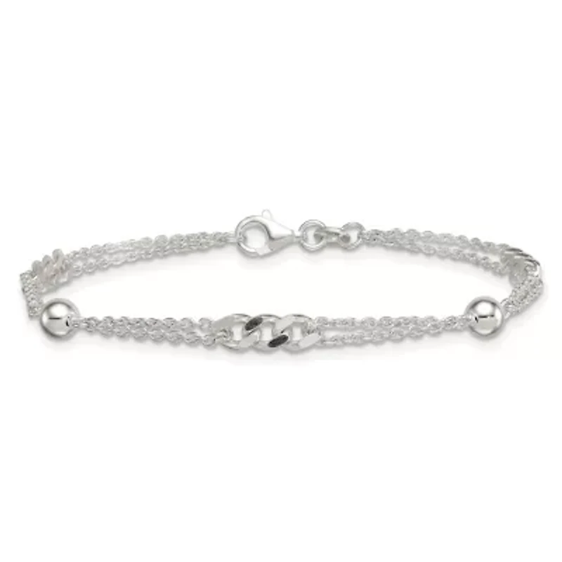 Sterling Silver Polished and Beaded Fancy 2-Strand Link 7.25-inch Bracelet