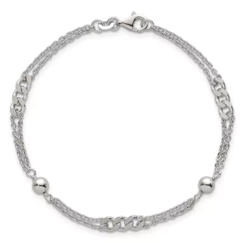 Sterling Silver Polished and Beaded Fancy 2-Strand Link 7.25-inch Bracelet