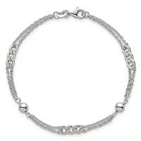 Sterling Silver Polished and Beaded Fancy 2-Strand Link 7.25-inch Bracelet