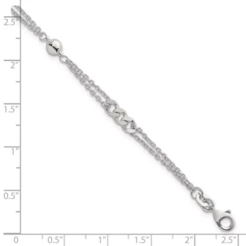 Sterling Silver Polished and Beaded Fancy 2-Strand Link 7.25-inch Bracelet