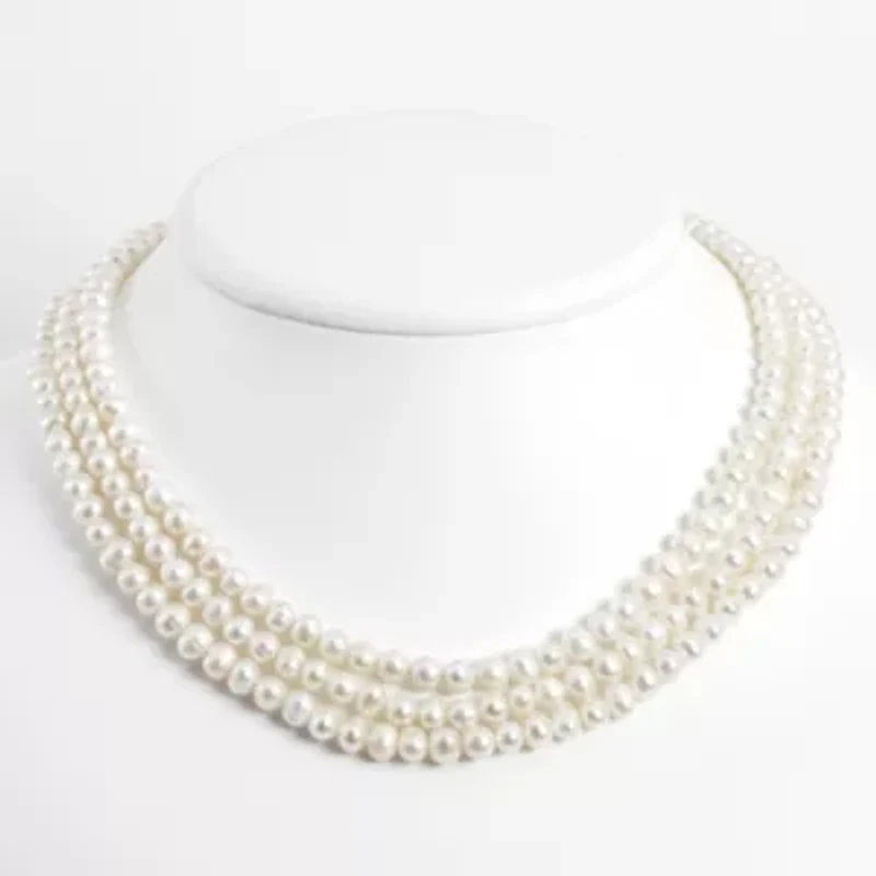 Sterling Silver Triple Strand White Freshwater Cultured Pearl Necklace