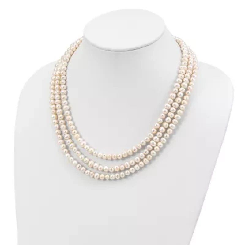Sterling Silver Triple Strand White Freshwater Cultured Pearl Necklace