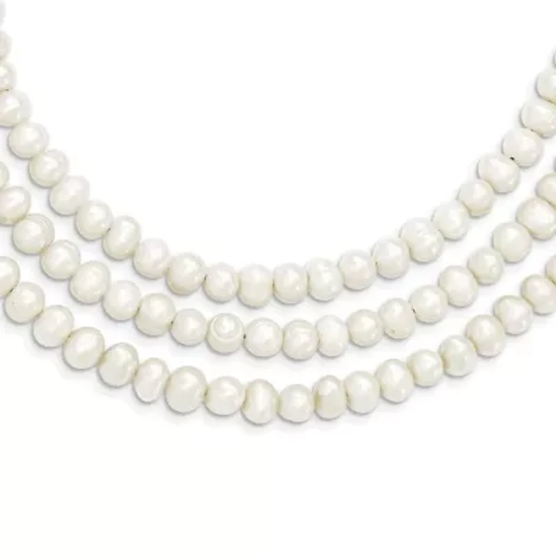Sterling Silver Triple Strand White Freshwater Cultured Pearl Necklace