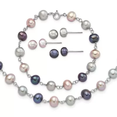 Sterling Silver Rhodium-plated Grey/Pink/Black FWC Pearl Necklace/7.25-inch Bracelet/3pc Earring