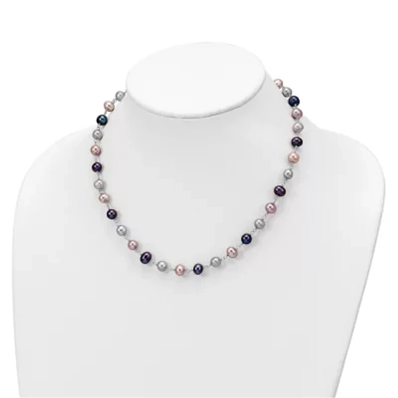 Sterling Silver Rhodium-plated Grey/Pink/Black FWC Pearl Necklace/7.25-inch Bracelet/3pc Earring