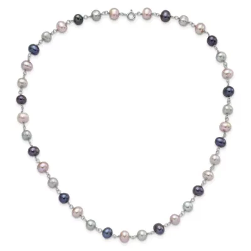 Sterling Silver Rhodium-plated Grey/Pink/Black FWC Pearl Necklace/7.25-inch Bracelet/3pc Earring
