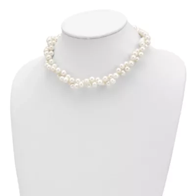 Sterling Silver Rhodium 7.5-8.5mm White Freshwater Cultured Pearl 2-Strand Necklace