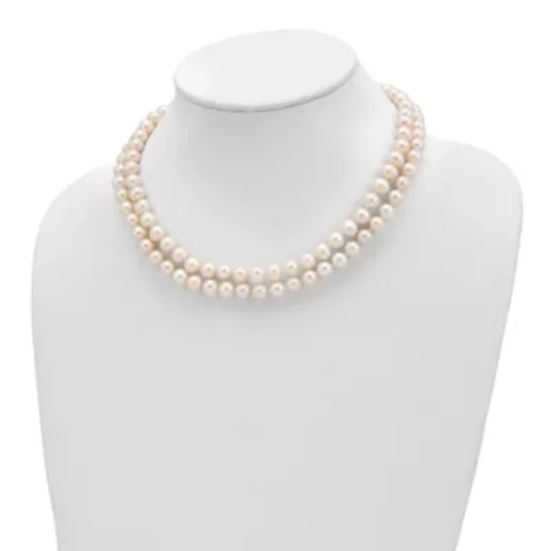 Sterling Silver Rhodium 7.5-8.5mm White Freshwater Cultured Pearl 2-Strand Necklace