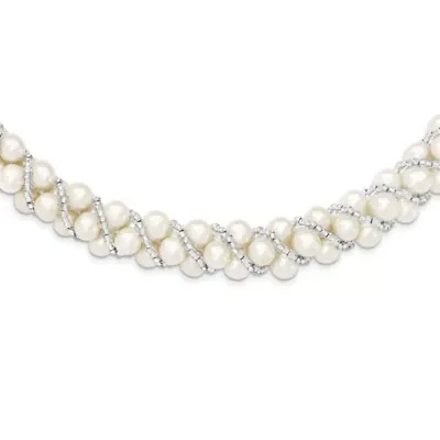 Sterling Silver Rhodium 6-7mm Freshwater Cultured Pearl/Glass Bead Twisted Necklace