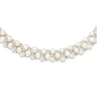 Sterling Silver Rhodium 6-7mm Freshwater Cultured Pearl/Glass Bead Twisted Necklace