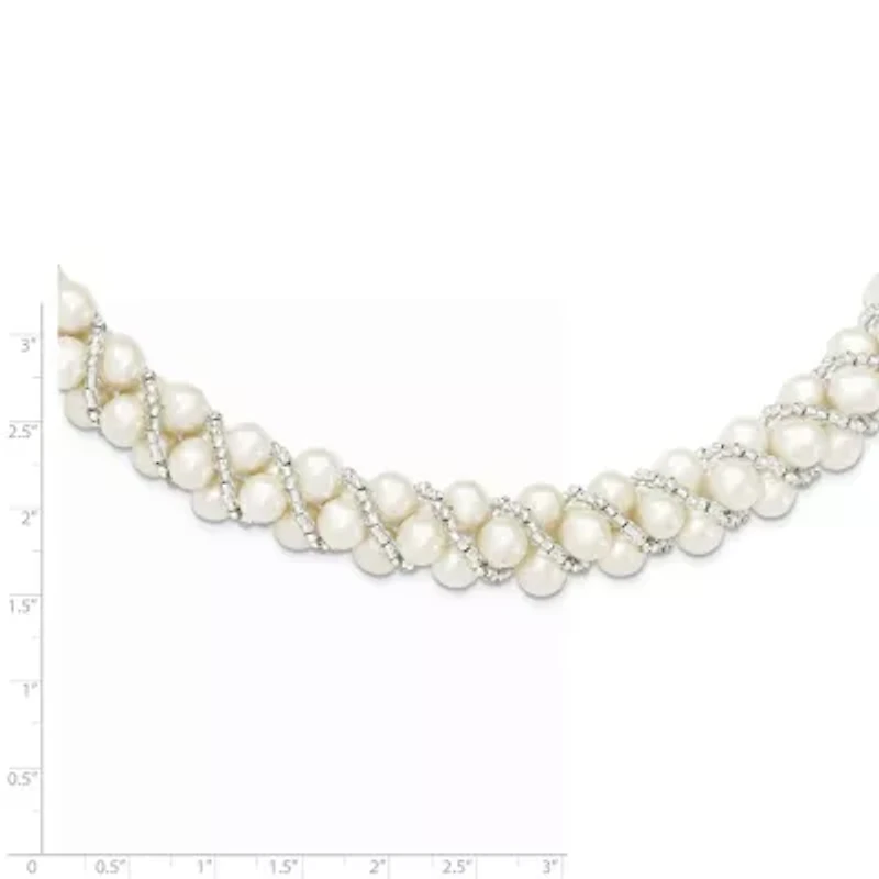 Sterling Silver Rhodium 6-7mm Freshwater Cultured Pearl/Glass Bead Twisted Necklace