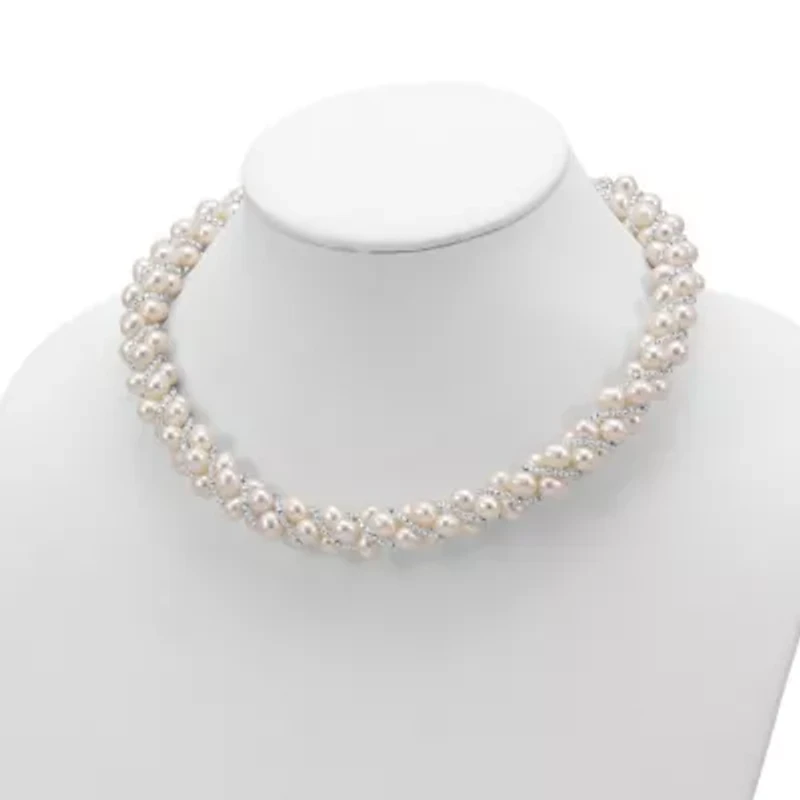 Sterling Silver Rhodium 6-7mm Freshwater Cultured Pearl/Glass Bead Twisted Necklace