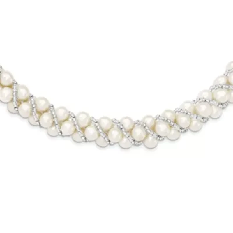 Sterling Silver Rhodium 6-7mm Freshwater Cultured Pearl/Glass Bead Twisted Necklace