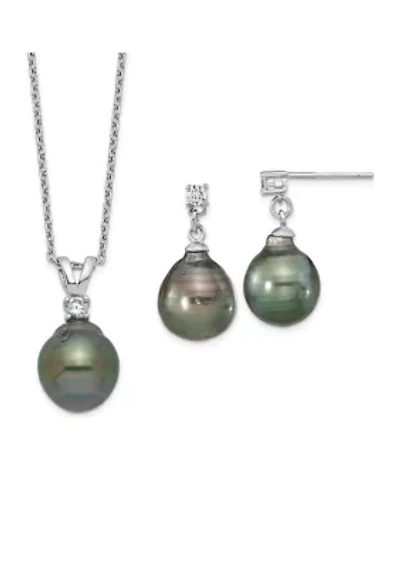 Sterling Silver Rhodium-plated 9-10mm Teardrop Tahitian Saltwater Pearl Cubic Zirconia Earrings and Necklace Set
