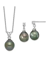 Sterling Silver Rhodium-plated 9-10mm Teardrop Tahitian Saltwater Pearl Cubic Zirconia Earrings and Necklace Set