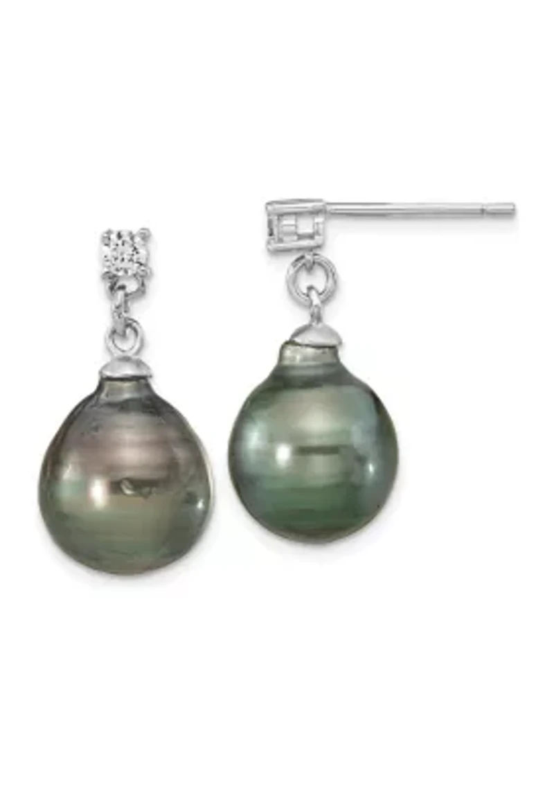 Sterling Silver Rhodium-plated 9-10mm Teardrop Tahitian Saltwater Pearl Cubic Zirconia Earrings and Necklace Set