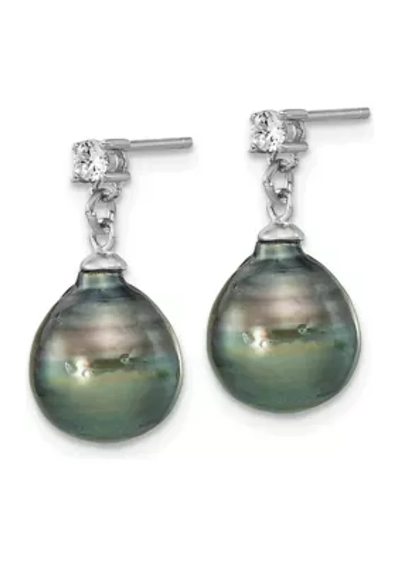 Sterling Silver Rhodium-plated 9-10mm Teardrop Tahitian Saltwater Pearl Cubic Zirconia Earrings and Necklace Set