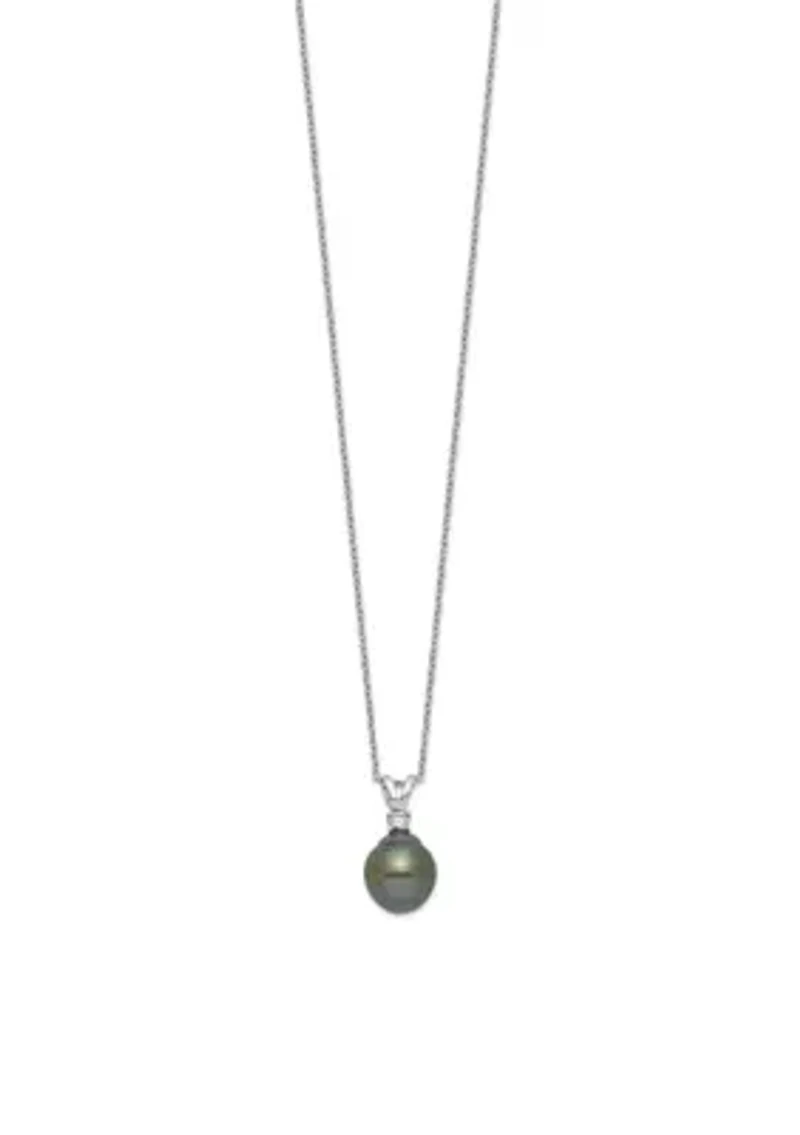 Sterling Silver Rhodium-plated 9-10mm Teardrop Tahitian Saltwater Pearl Cubic Zirconia Earrings and Necklace Set