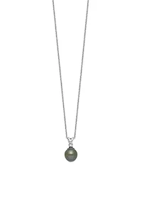Sterling Silver Rhodium-plated 9-10mm Teardrop Tahitian Saltwater Pearl Cubic Zirconia Earrings and Necklace Set