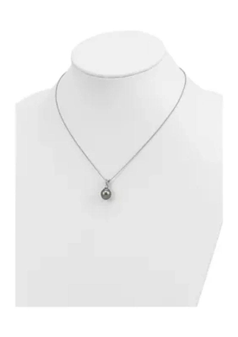 Sterling Silver Rhodium-plated 9-10mm Teardrop Tahitian Saltwater Pearl Cubic Zirconia Earrings and Necklace Set