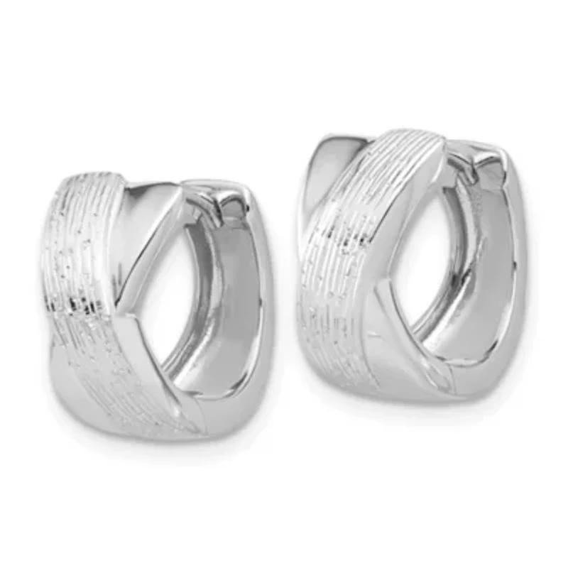 Sterling Silver Rhodium-plated and Diamond-cut Hinged Hoop Earrings