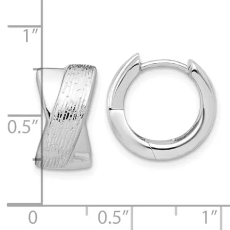 Sterling Silver Rhodium-plated and Diamond-cut Hinged Hoop Earrings