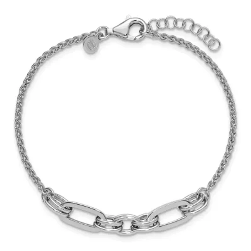 Sterling Silver Rhodium-plated Fancy Oval Links with 1" Extender Bracelet