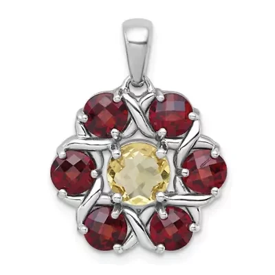 1.04 ct. t.w. Citrine and 2.99 ct. t.w. Garnet Polished Flower Pendant in Rhodium-plated Sterling Silver