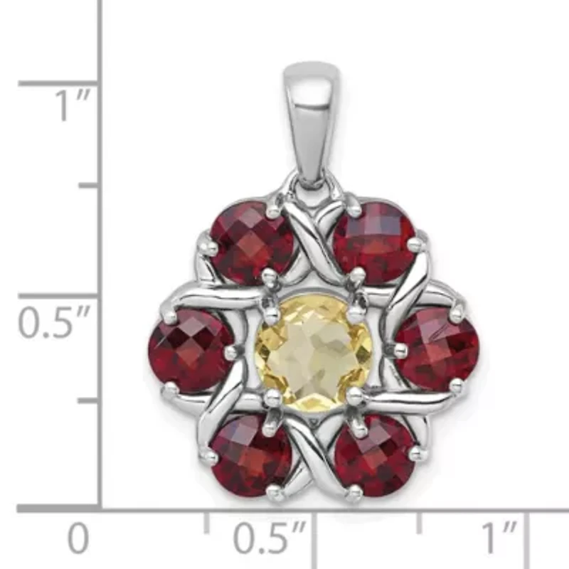1.04 ct. t.w. Citrine and 2.99 ct. t.w. Garnet Polished Flower Pendant in Rhodium-plated Sterling Silver