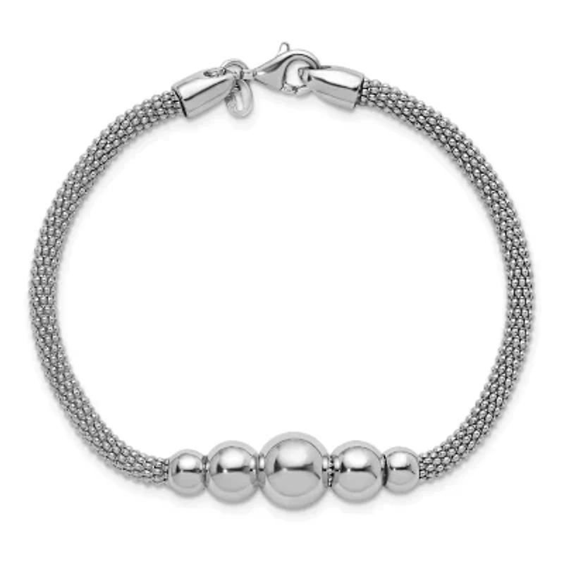 Sterling Silver Rhodium-plated Polished Mesh Graduated Beaded Bracelet