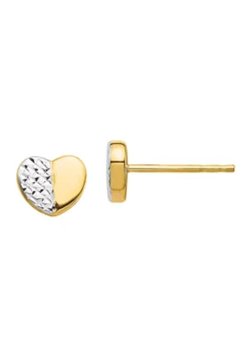 14K Yellow Gold and Rhodium Diamond-Cut Heart Post Earrings