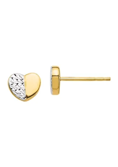 14K Yellow Gold and Rhodium Diamond-Cut Heart Post Earrings