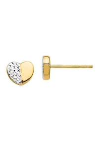 14K Yellow Gold and Rhodium Diamond-Cut Heart Post Earrings