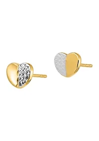 14K Yellow Gold and Rhodium Diamond-Cut Heart Post Earrings