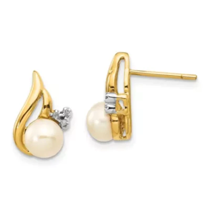 0.018 ct. t.w. Diamond and 5-6mm Button Freshwater Cultured Pearl Rhodium Post Earrings in 14K Yellow Gold