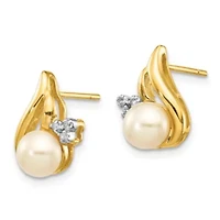 0.018 ct. t.w. Diamond and 5-6mm Button Freshwater Cultured Pearl Rhodium Post Earrings in 14K Yellow Gold