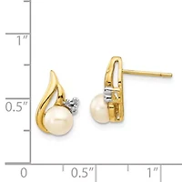 0.018 ct. t.w. Diamond and 5-6mm Button Freshwater Cultured Pearl Rhodium Post Earrings in 14K Yellow Gold
