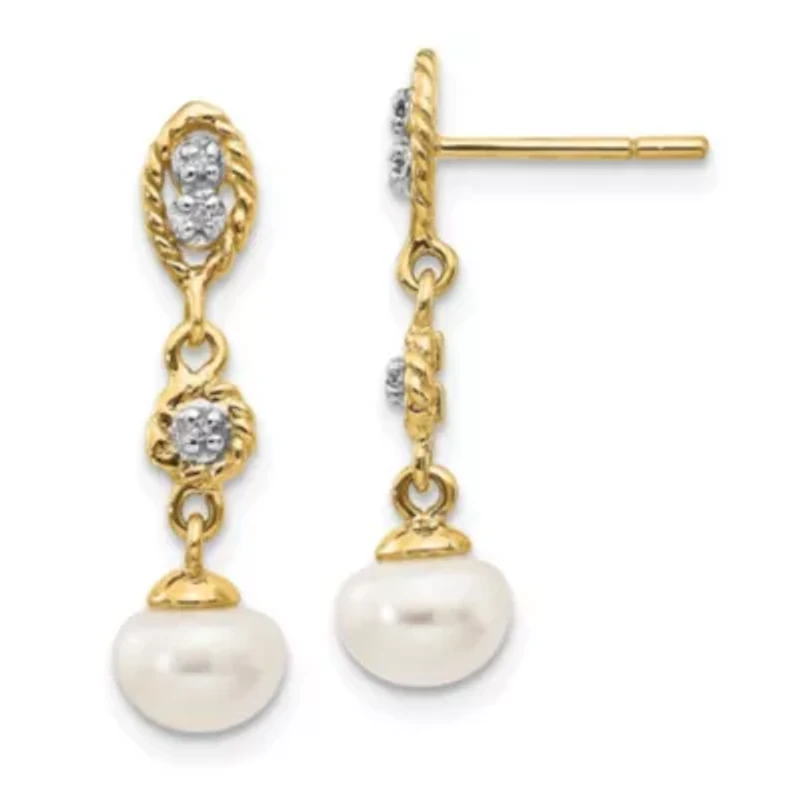 0.02 ct. t.w. Diamond with Rhodium 6-7mm Semi-round Freshwater Cultured Pearl Earrings in 14K Yellow Gold