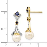 0.028 ct. t.w. Diamond, 1/10 ct. t.w. Sapphire and 7-8mm and Freshwater Cultured Pearl Lab Created Dangle Post Earrings in 14K Yellow Gold